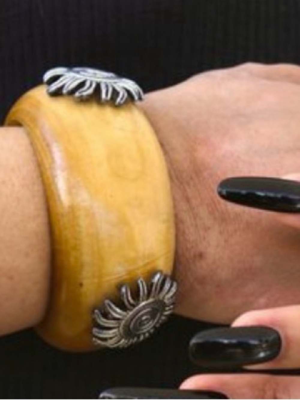 Wooden Wide Bangle Bracelet Silver Celestial Sun Medallions Boho